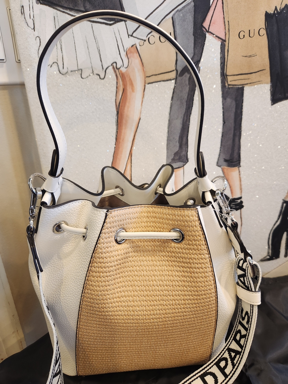 Karl Lagerfeld White & Natural Woven Drawstring Bucket Bag W Charms NWT - Picture 9 of 14